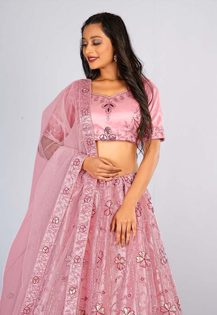 Pink Embroidery Net Lehenga