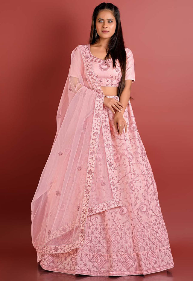 Light Pink Zari Work Net Lehenga