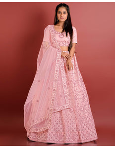 Light Pink Zari Work Net Lehenga