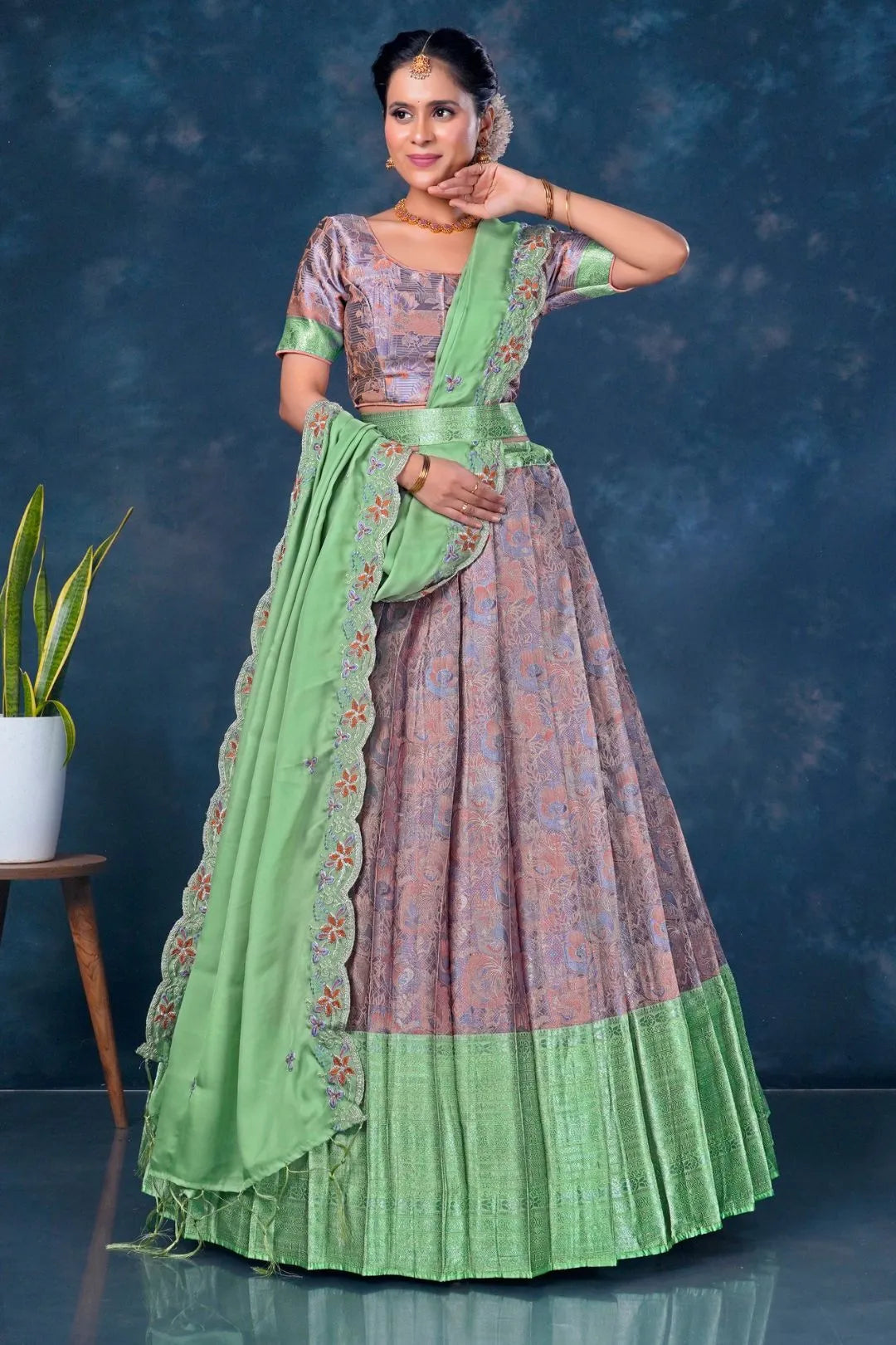 Peach Banarasi Lehenga Choli With Pista Dupatta
