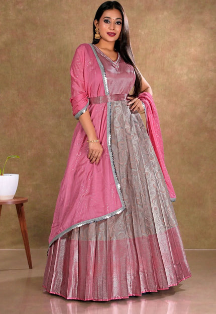 Peach Banarasi Long Dress with Zari work for Women