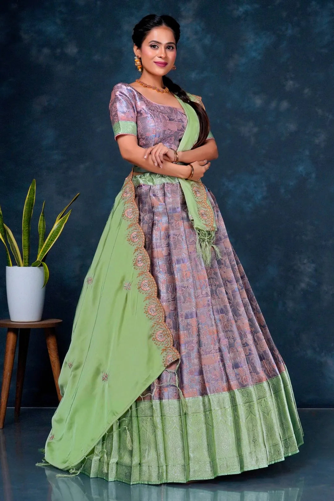 Peach Banarasi Silk Lehenga Choli With Zari Weaving