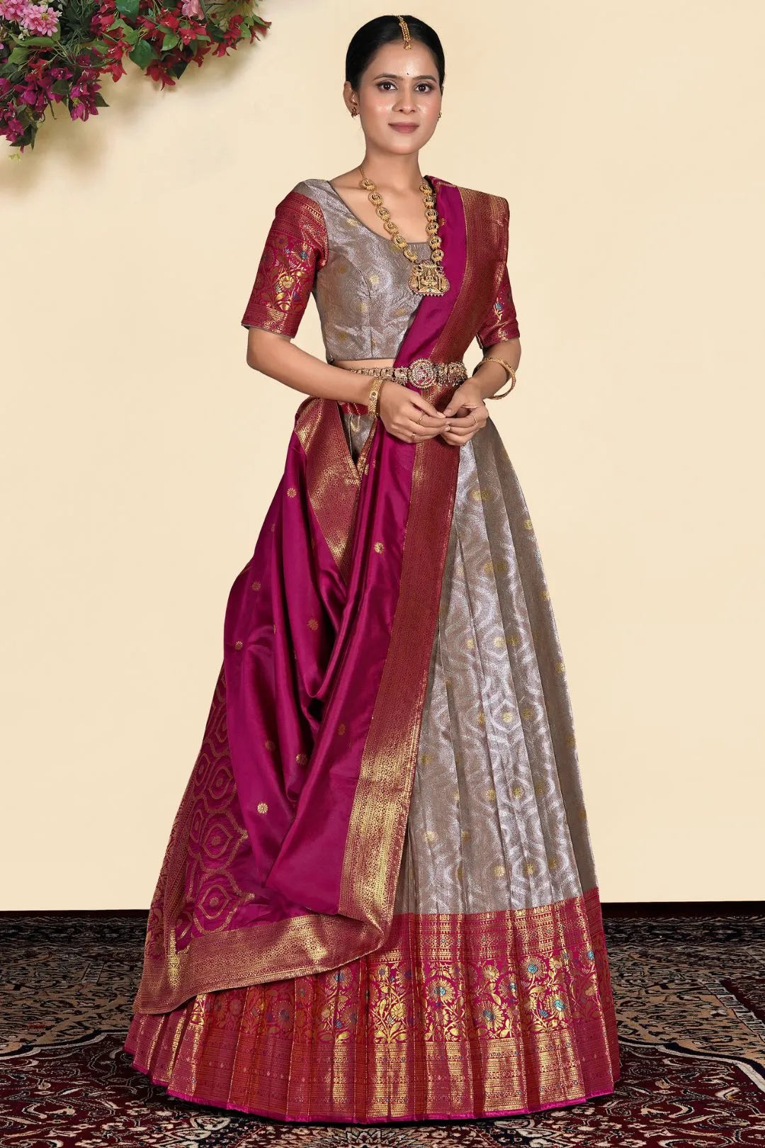 Peach Banarasi Silk Lehenga With Blouse Design