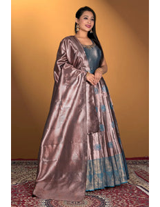 Peach Banarasi Silk Zari Woven Gown With Dupatta