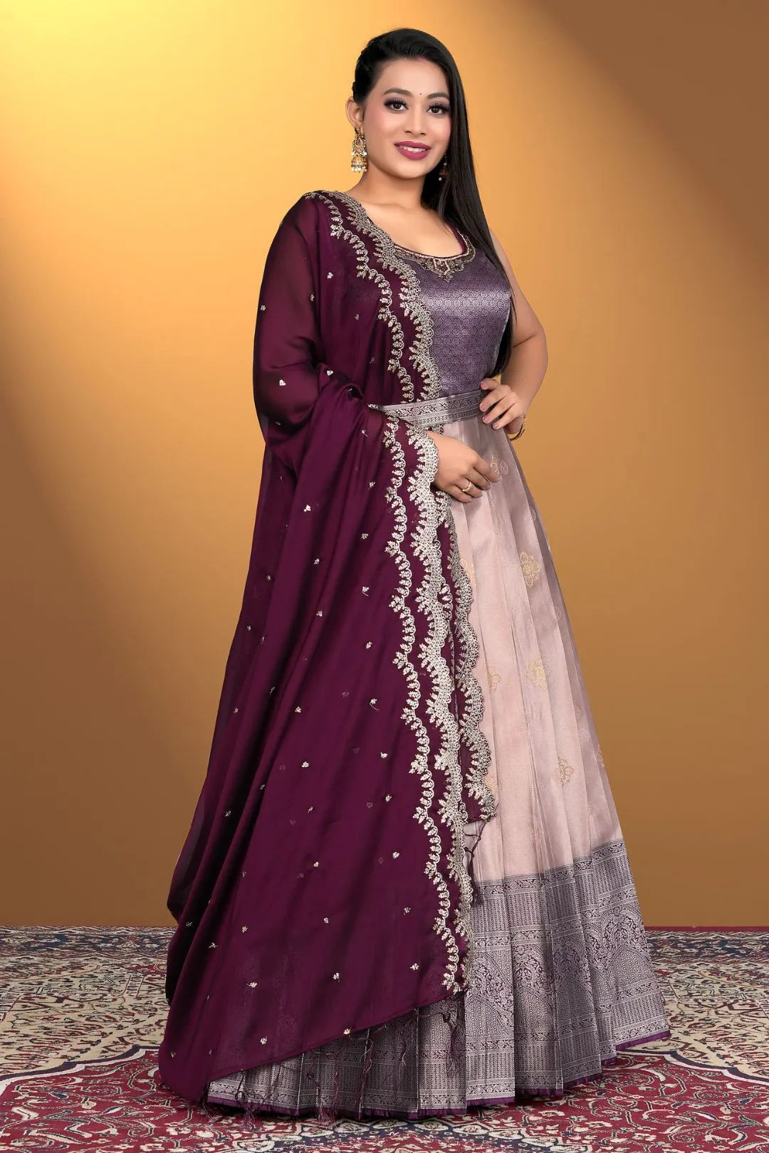 Peach Banarasi Silk Zari Woven Gown With Dupatta For Women