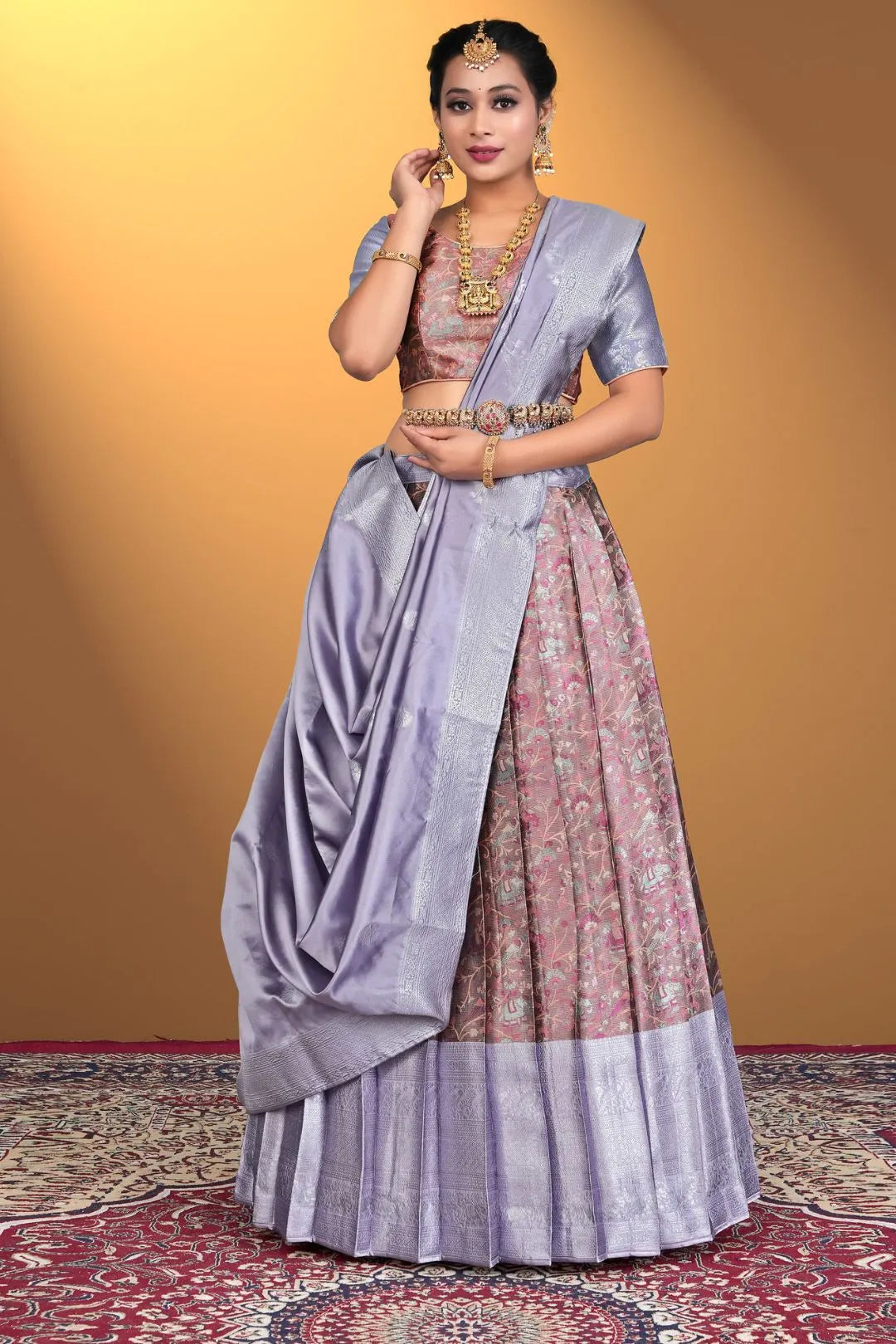 Peach Banarasi Zari Silk Half Saree With For Women