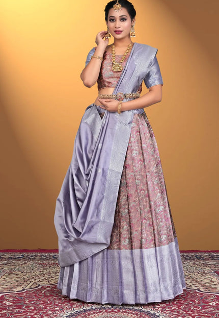 Peach Banarasi Zari Silk Half Saree With For Women