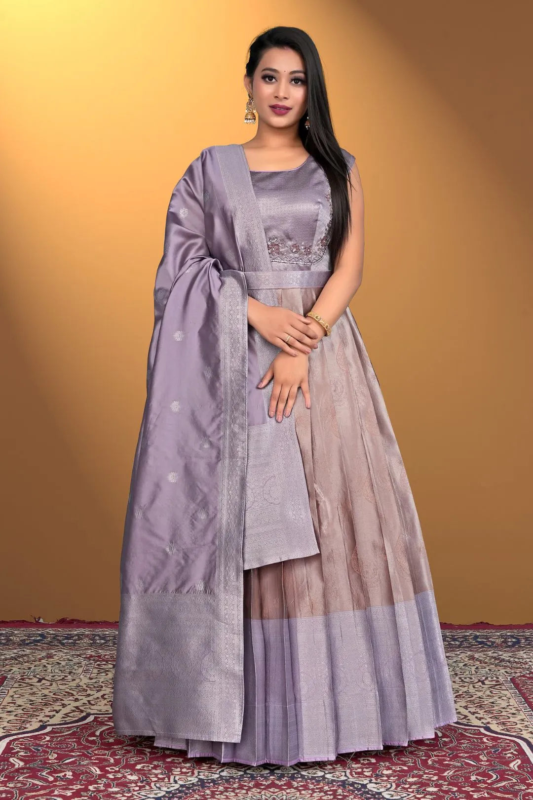 Peach Designer Banarasi Gown With Dupatta