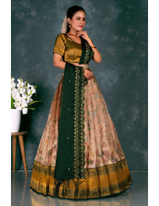 Peach Designer Banarasi Pattu Lehenga With Zari Work