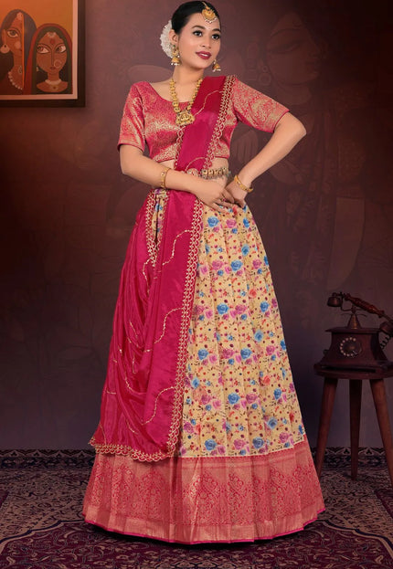 Peach Digital Print Lehenga Choli In Tissue Silk Fabric