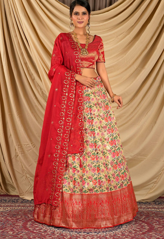 Woman wearing a peach traditional outfit with floral design
