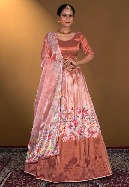 Peach Digital Printed Satin Lehenga With Chinnon Dupatta