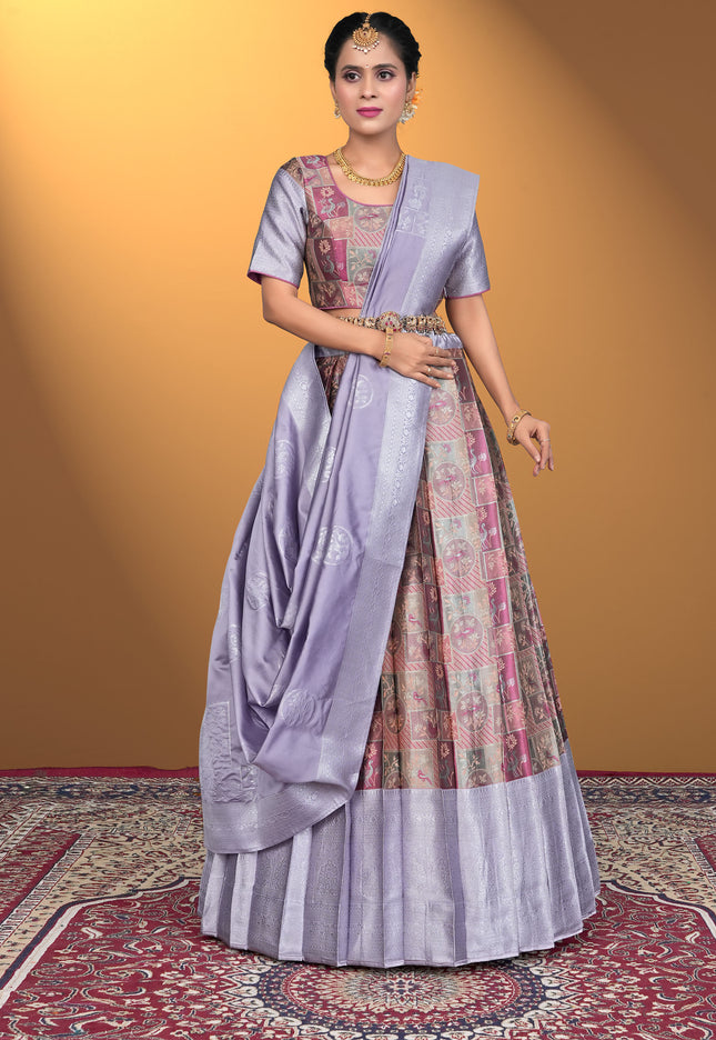 Woman wearing a traditional outfit with a patterned lehenga choli