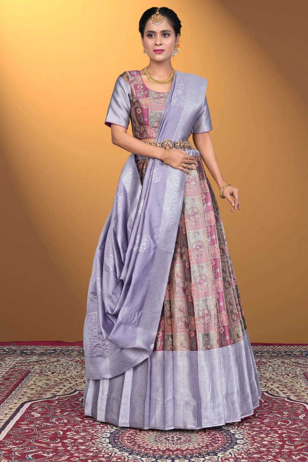 Peach Jacquard Fabric Half Saree With Digital Print