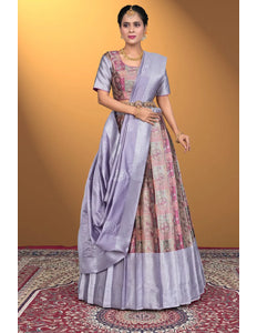 Peach Jacquard Fabric Half Saree With Digital Print