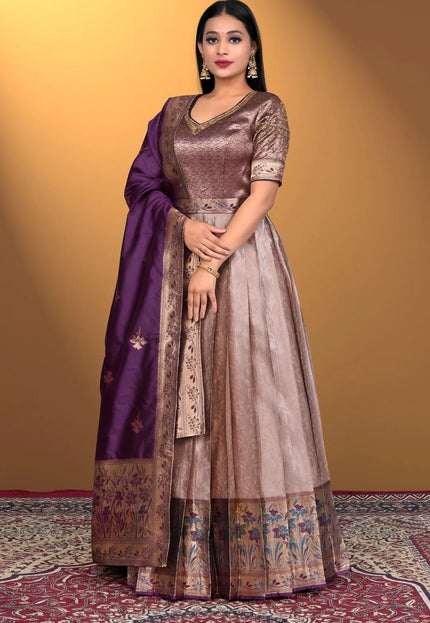 Peach Long Gown Banarasi Silk Zari Weaving