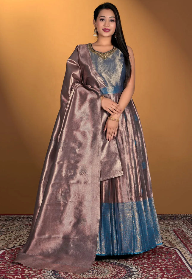 Peach Long Gown Banarasi Silk Zari Weaving