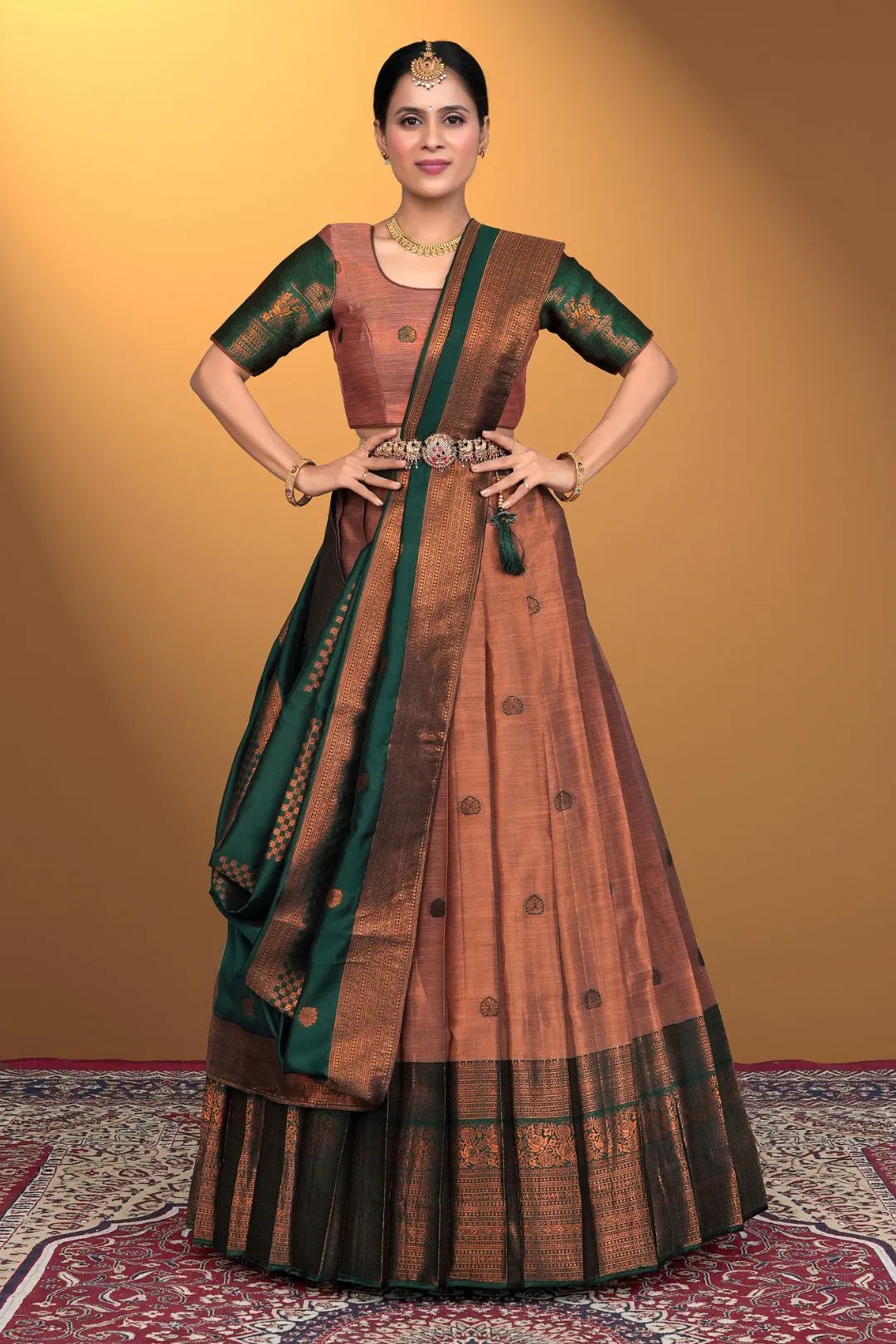 Peach Pink Banarasi Pattu Half Saree With Zari Woven