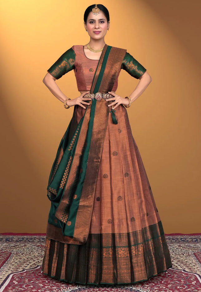 Peach Pink Banarasi Pattu Half Saree With Zari Woven