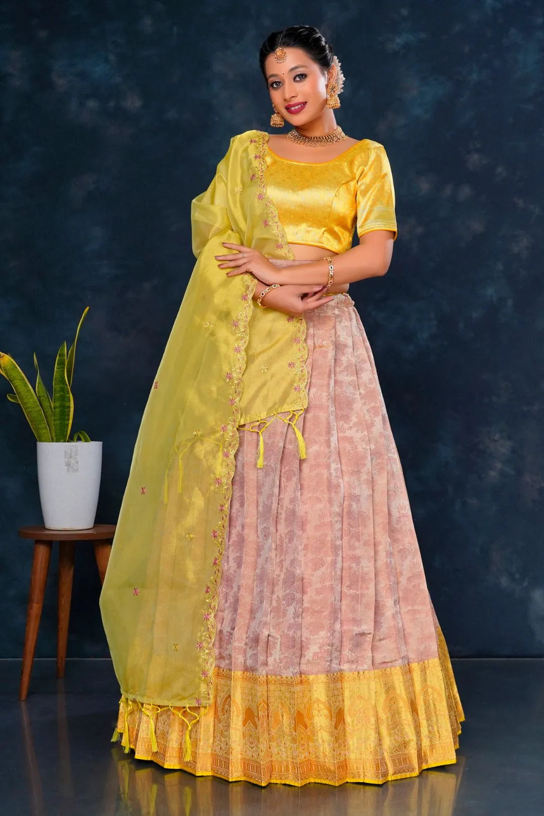 Peach Pure Tissue Silk Half Saree with Zari Weaving