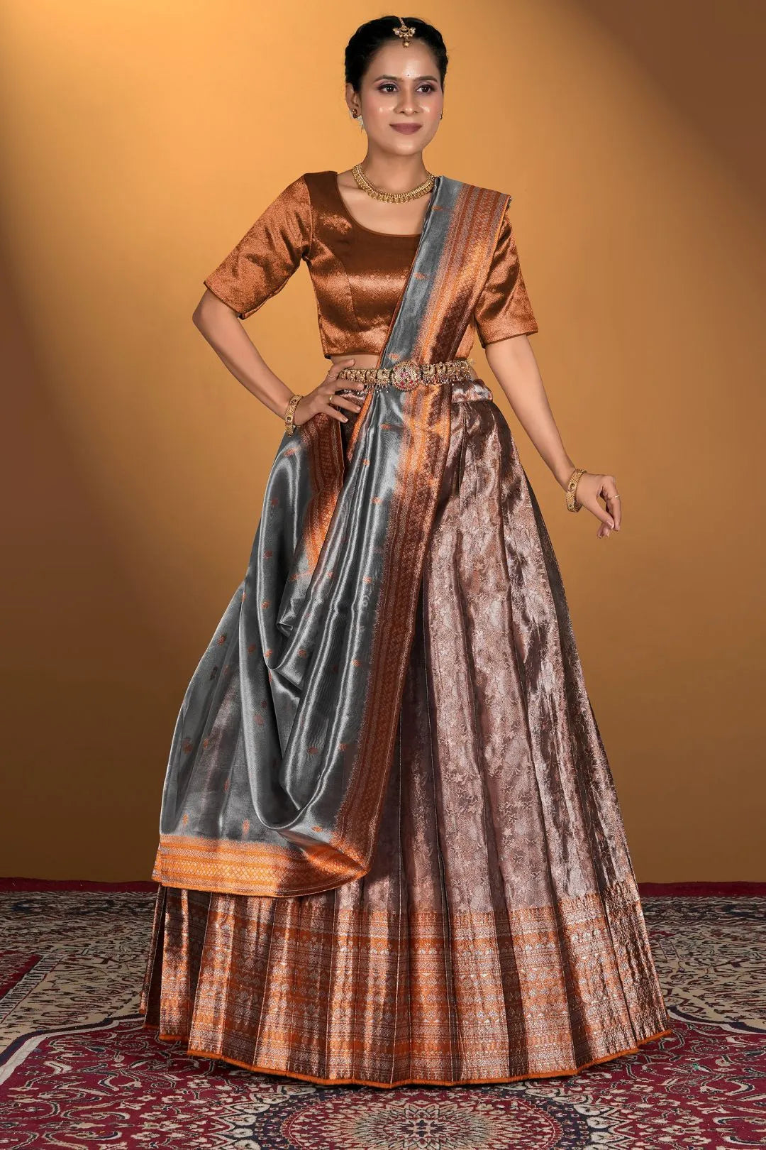 Peach Pure Two Tone Zari Tissue Lehenga Choli