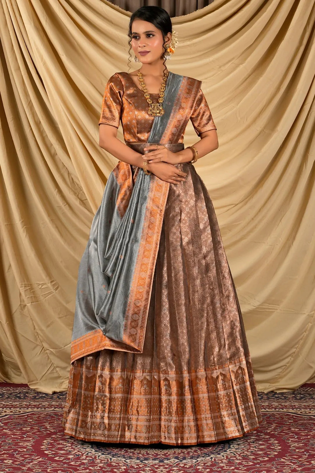 Peach Pure Two Tone Zari Tissue Lehenga Choli For Women