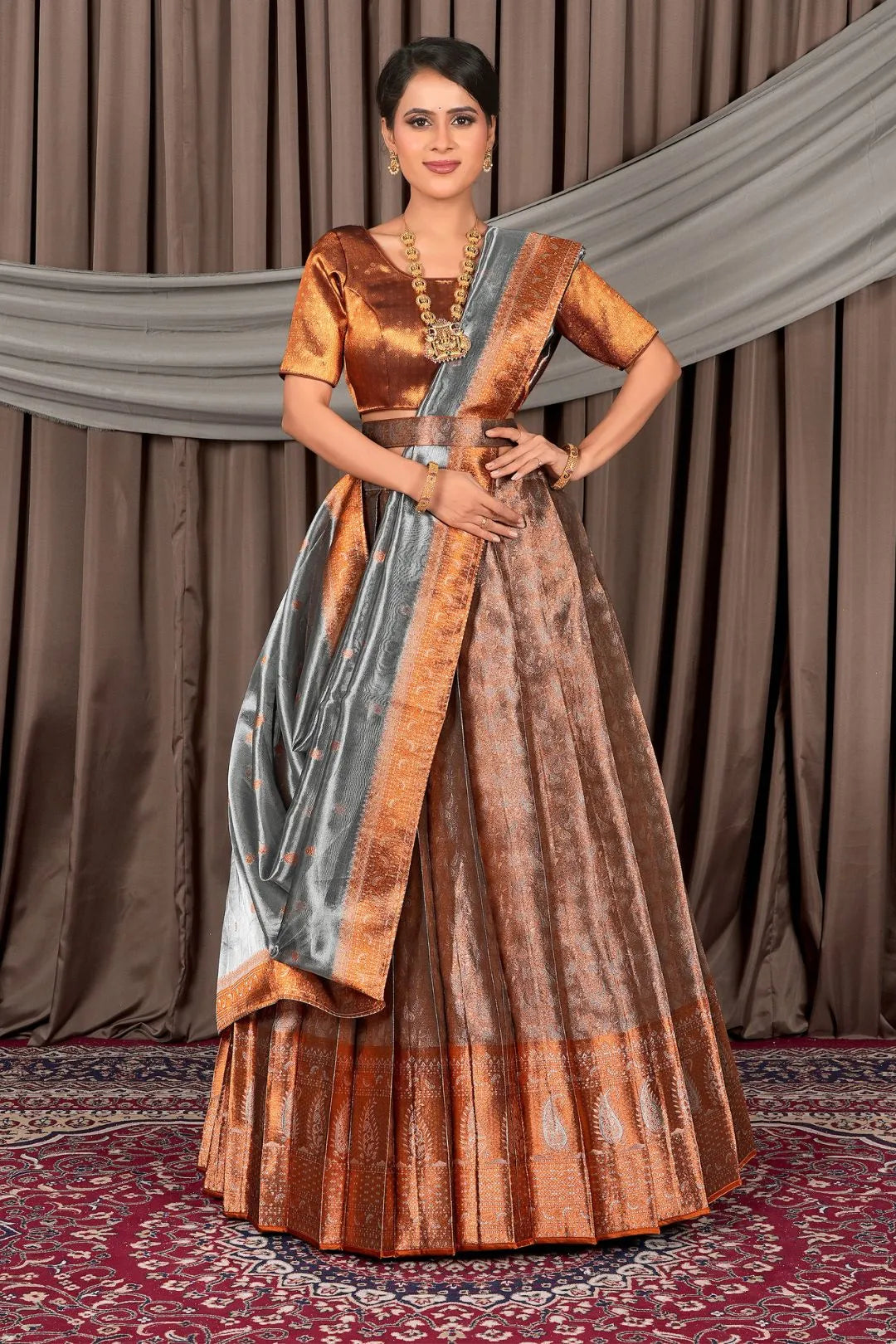 Peach Pure Two Tone Zari Tissue Pattu Half Saree For Women