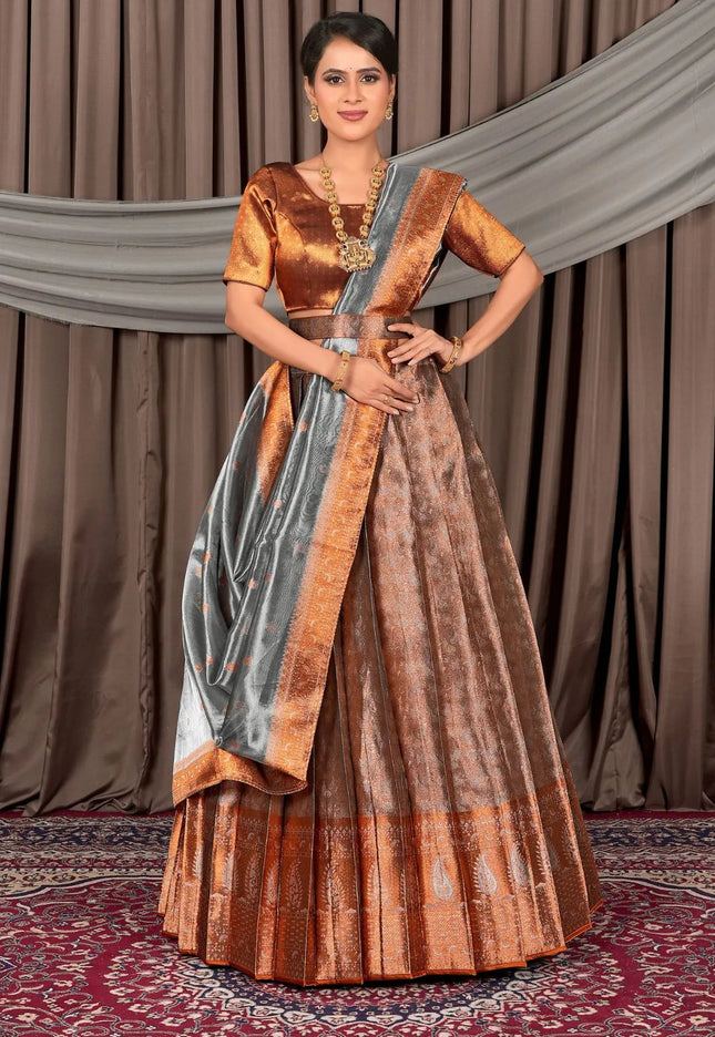 Peach Pure Two Tone Zari Tissue Pattu Half Saree For Women