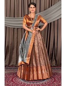 Peach Pure Two Tone Zari Tissue Pattu Half Saree For Women