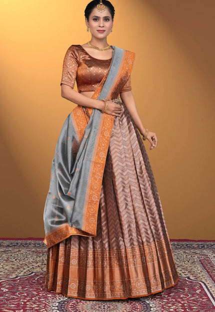 Peach Pure Two Zari Tissue Half Saree For Women