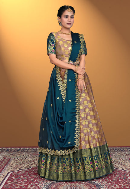 Traditional Indian lehenga choli with a gold border