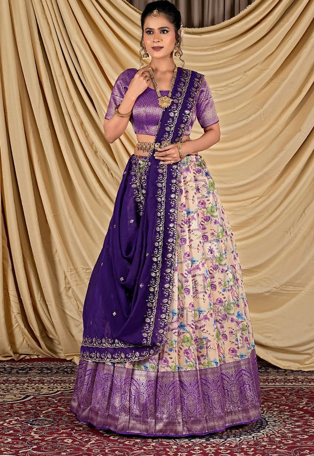 Peach Tissue With Digital Print Lehenga Choli For Women