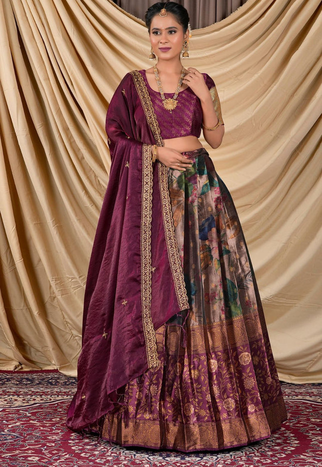 Woman wearing a traditional maroon and floral outfit