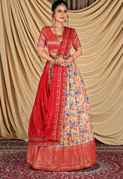 Peach Tissue With Digital Print Lehenga Choli For Women