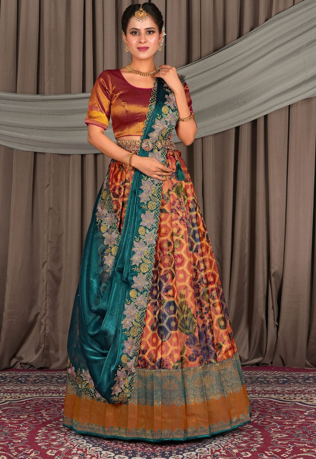 Woman wearing a colorful lehenga choli