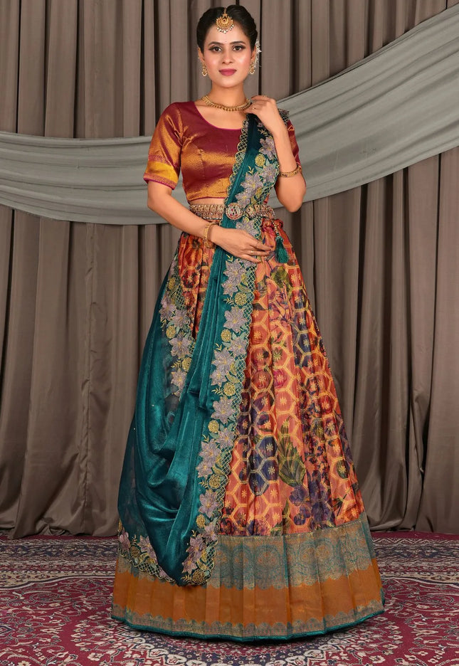 Peach Viscose Digital Print Lehenga Choli For Women