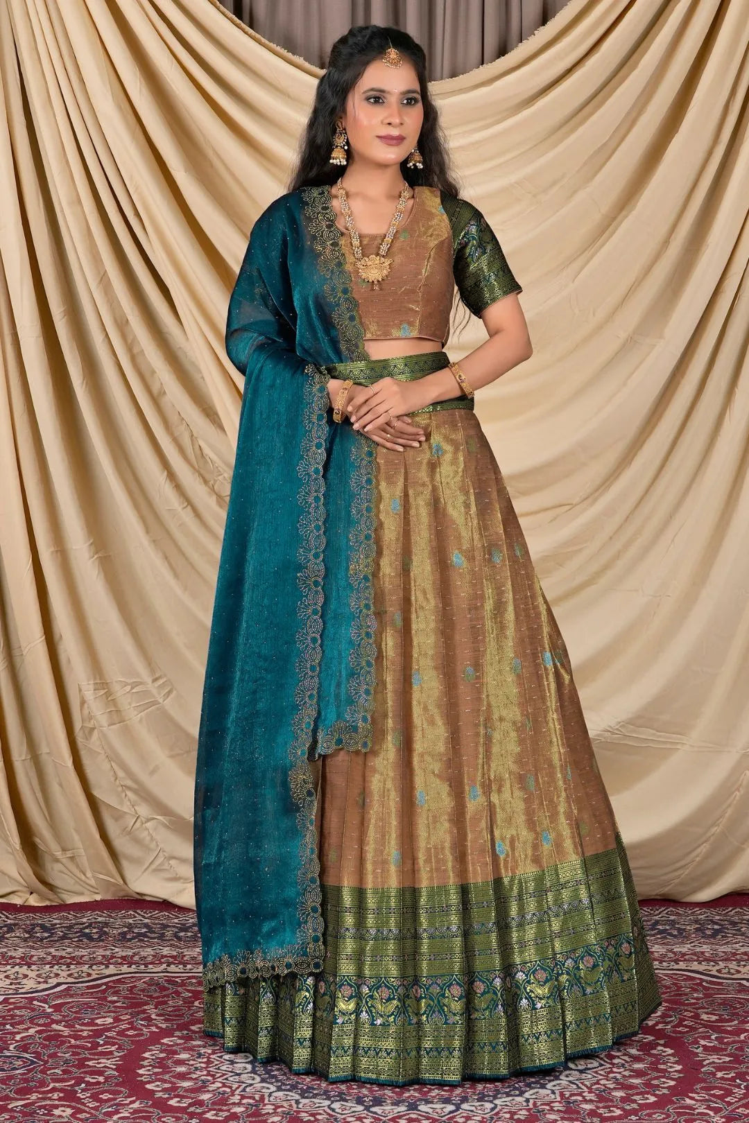 Peach Zari Silk Lehenga Choli With Zari Woven