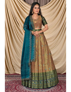 Peach Zari Silk Lehenga Choli With Zari Woven
