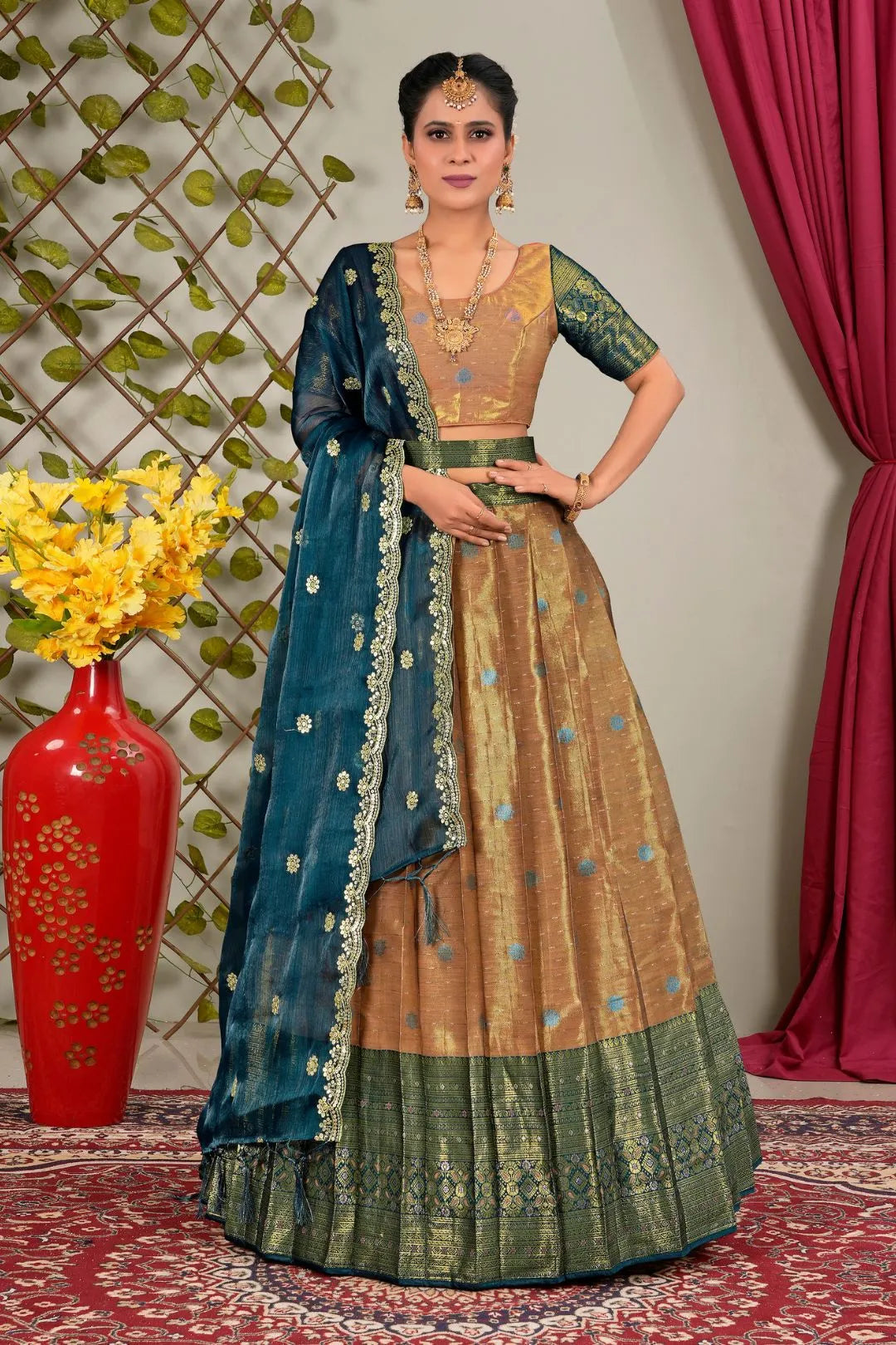 Peach Zari Silk Semi-Stitched Lehenga For Women