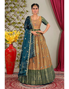 Peach Zari Silk Semi-Stitched Lehenga For Women
