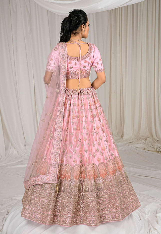 Pink Latest Embroidery Net Lehenga
