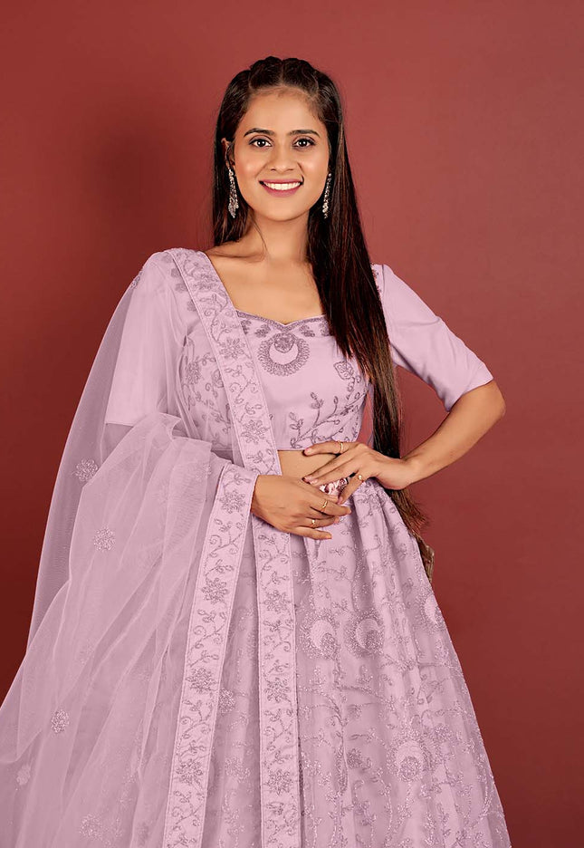 Purple Zari Work Net Lehenga