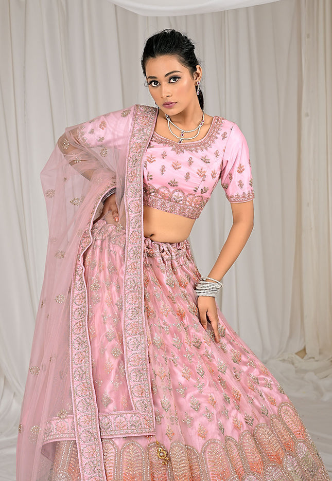 Pink Latest Embroidery Net Lehenga