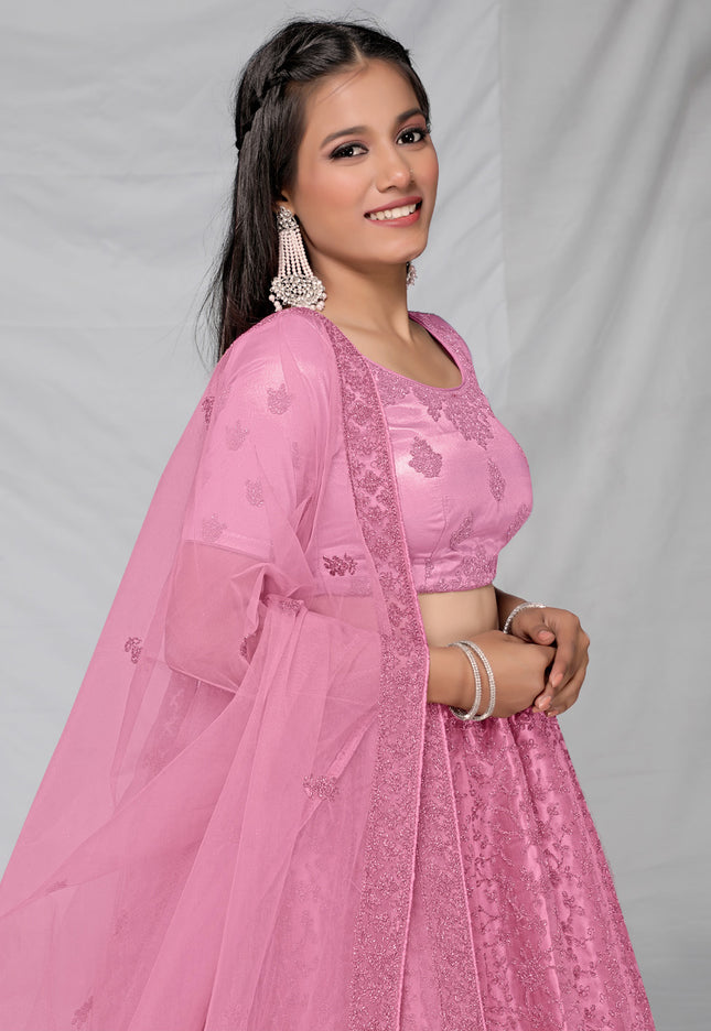Pink Simple Net Lehenga