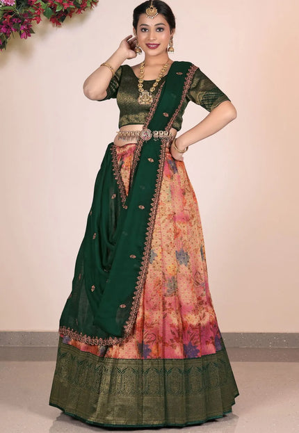 Pink Banarasi Jacquard Half Saree With Digital Print