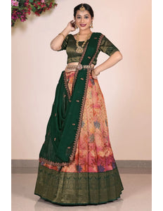 Pink Banarasi Jacquard Half Saree With Digital Print