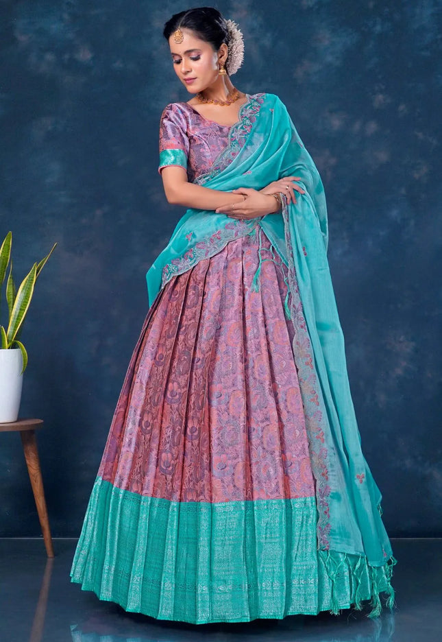 Pink Banarasi Lehenga Choli With Sea Green Dupatta