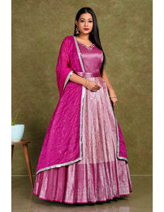 Pink Banarasi Long Gown With Dupatta