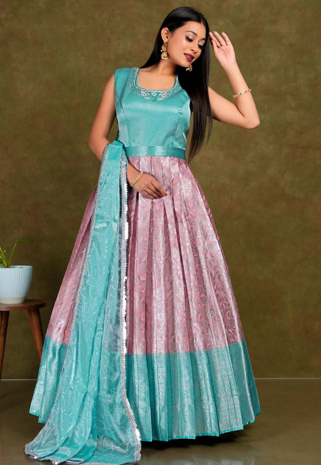 Pink Banarasi Silk Gown With Zari Work