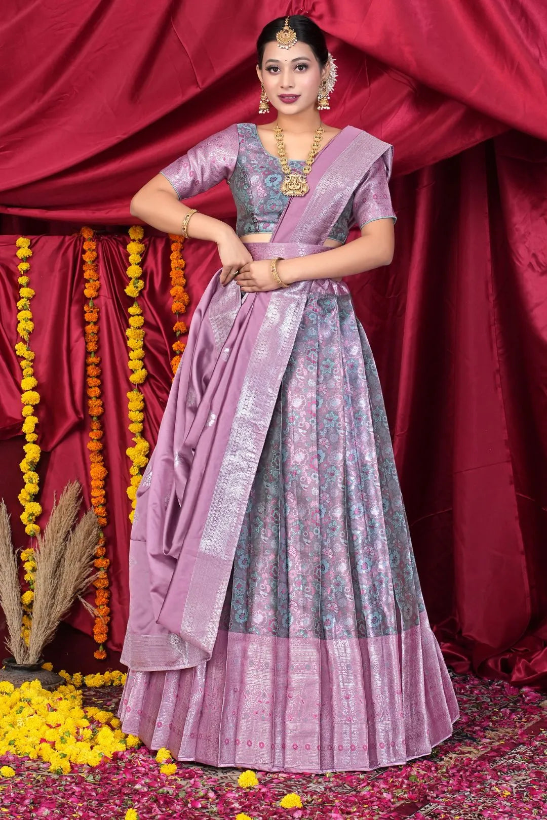 Pink Banarasi Silk Half Saree With Zari Weaving